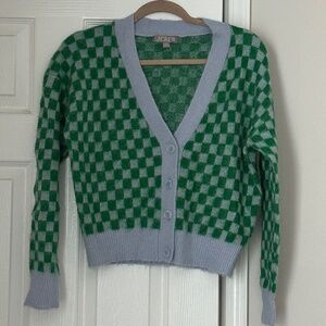 Re-Imagined by J. Crew Women's Cropped Cardigan XS Blue Green Checkerboard Fuzzy